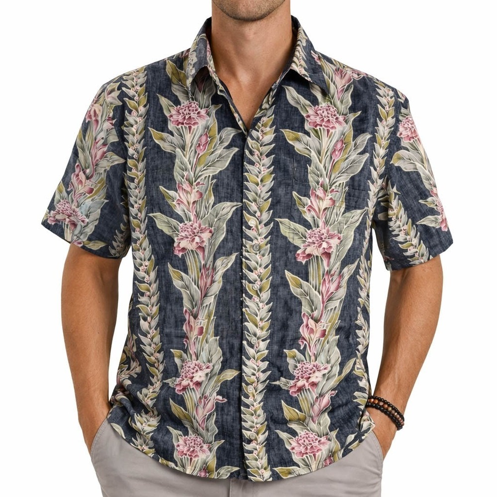 Cooke‎ Street Hawaiian Aloha Shirt XL Floral Flower Stalks Reverse Print Black